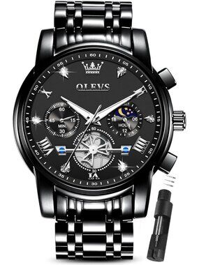 Men's Black Luxury Stainless Steel Analog Quartz Chronograph Waterproof Watch